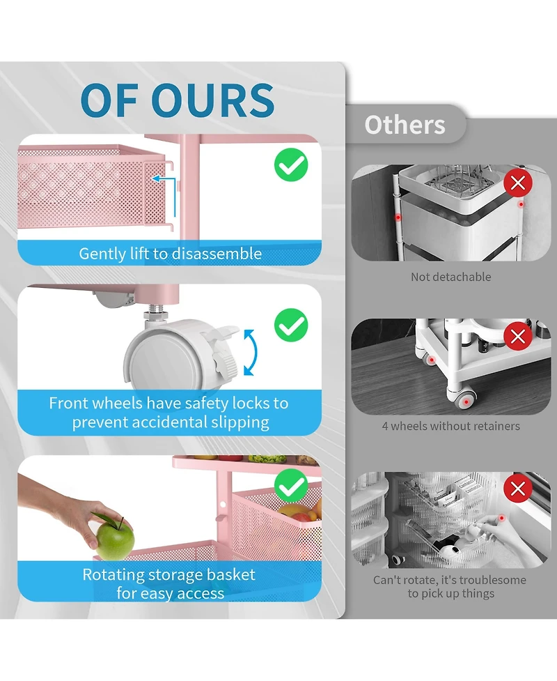 4-tier Rotating Storage Trolley, Movable Organizer with Wheels for Office, Living Room, Kitchen
