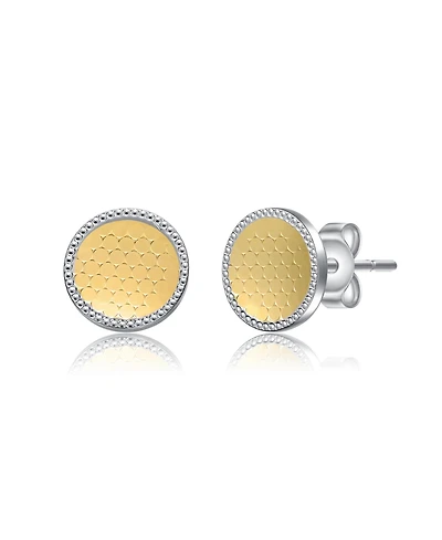 Two-Tone Round Milgrain Medallion Stud Earrings in White Gold Plated & 14K Gold Plated