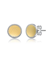 Two-Tone Round Milgrain Medallion Stud Earrings in White Gold Plated & 14K Gold Plated