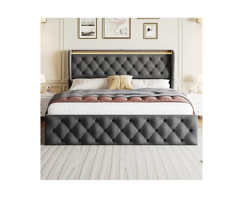 gaomon Queen Led Bed Frame with Charging Station, Velvet Upholstered Platform Bed Frame with Button Wingback Headboard, Metal Frame with No Box Spring