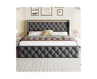 gaomon Queen Led Bed Frame with Charging Station, Velvet Upholstered Platform Bed Frame with Button Wingback Headboard, Metal Frame with No Box Spring