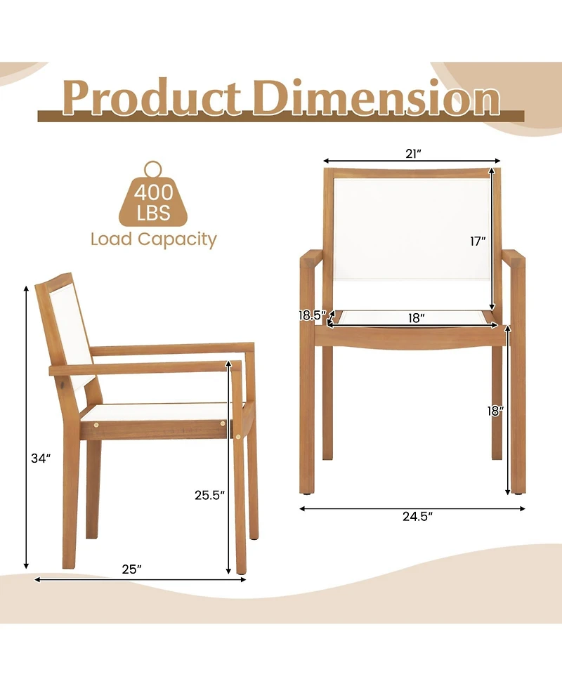 Gouun Stackable Outdoor Dining Chair Set of 2 with Acacia Wood Frame