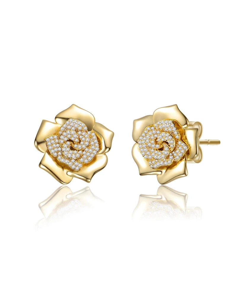 14K Gold Plated with Clear Cubic Zirconia Accents Flower Earrings