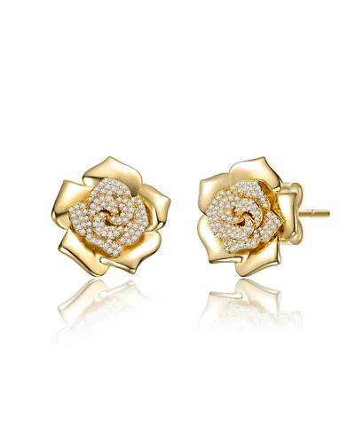 14K Gold Plated with Clear Cubic Zirconia Accents Flower Earrings