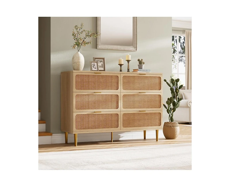 Rattan 6 Drawer Dresser for Bedroom with Wide Top, Large Double Dresser for Closet with Deep Drawers, Wooden Chest of Drawer for Living Room, Entryway