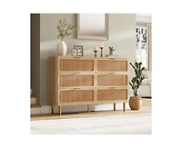 Rattan 6 Drawer Dresser for Bedroom with Wide Top, Large Double Dresser for Closet with Deep Drawers, Wooden Chest of Drawer for Living Room, Entryway