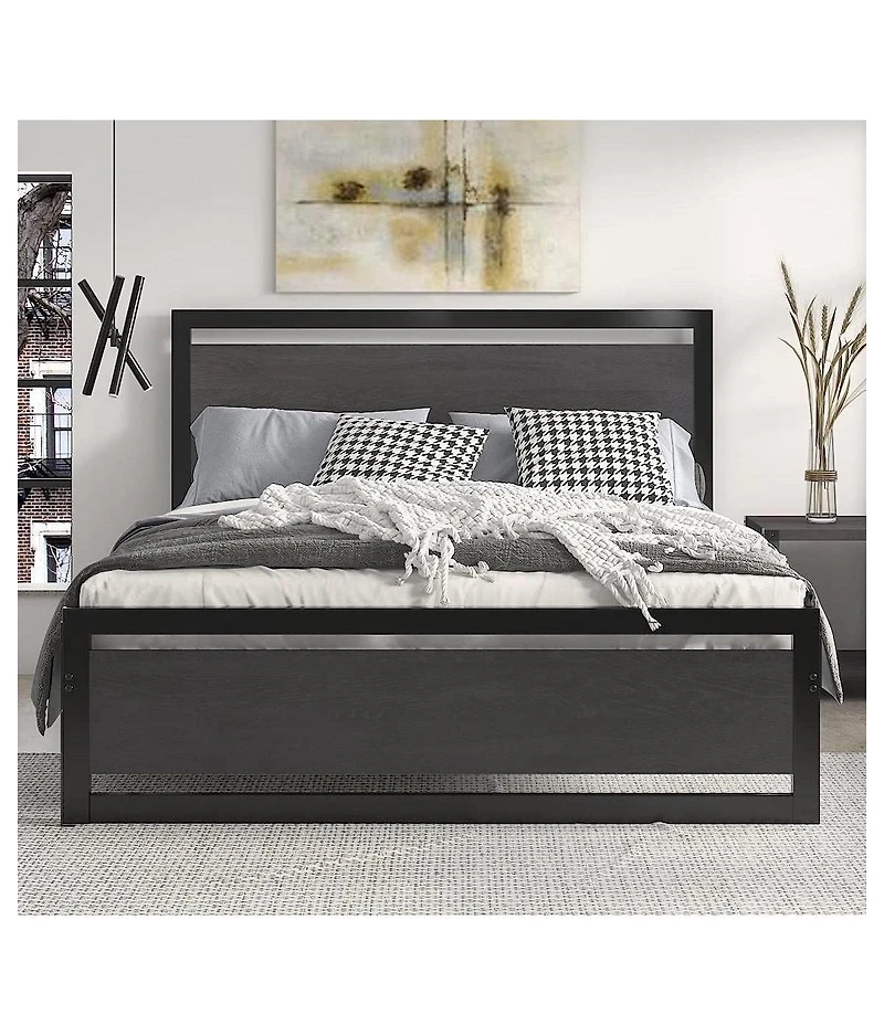 Industrial Metal Platform Bed – Wood Headboard and Footboard with Slat Support