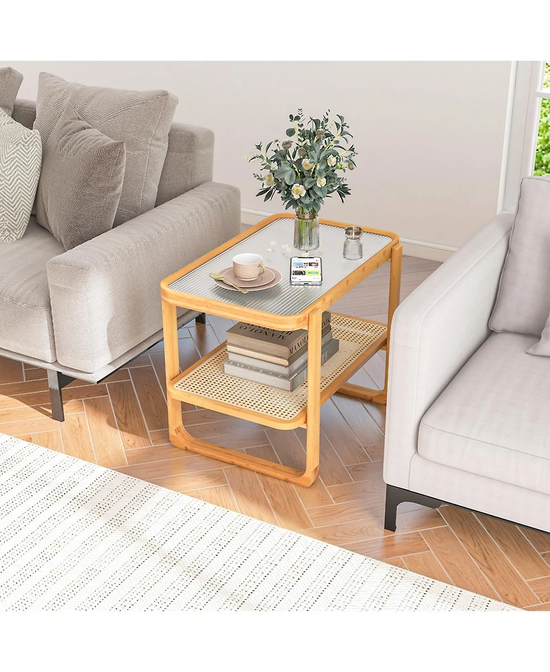Gouun 2-tier Bamboo Side Table with Glass Top
