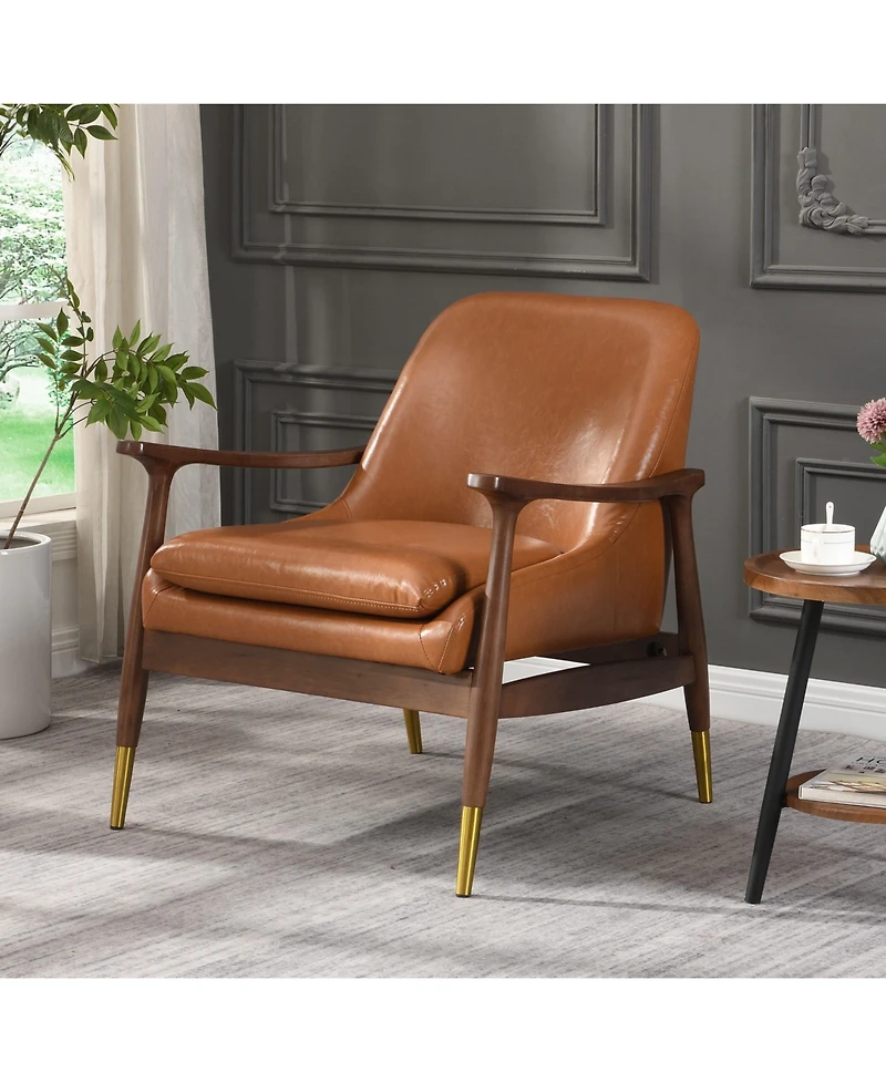 Lovmor 9.2'' Mid-Century Faux Leather Accent Chair with Cushioned Seat, Solid Wood Frame, and Brass-Tipped Legs，Brown