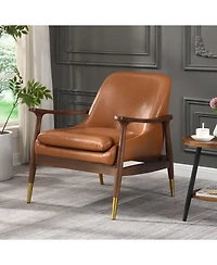 Lovmor 9.2'' Mid-Century Faux Leather Accent Chair with Cushioned Seat, Solid Wood Frame, and Brass-Tipped Legs，Brown