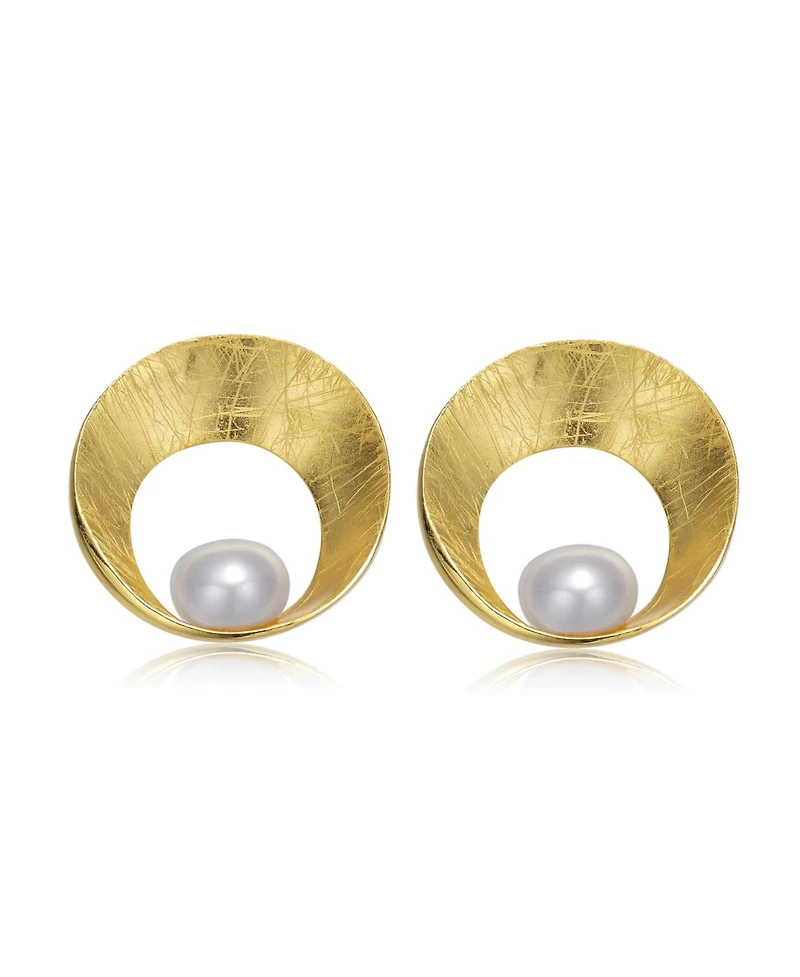 Sterling Silver 14K Gold Plated with Genuine Freshwater Round Pearl Stud Earrings