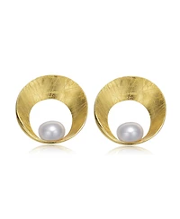 Sterling Silver 14K Gold Plated with Genuine Freshwater Round Pearl Stud Earrings