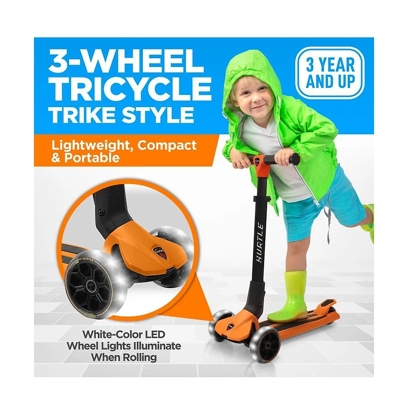 Hurtle 3-Wheel Foldable Kids Scooter With Led Wheel Lights - Orange