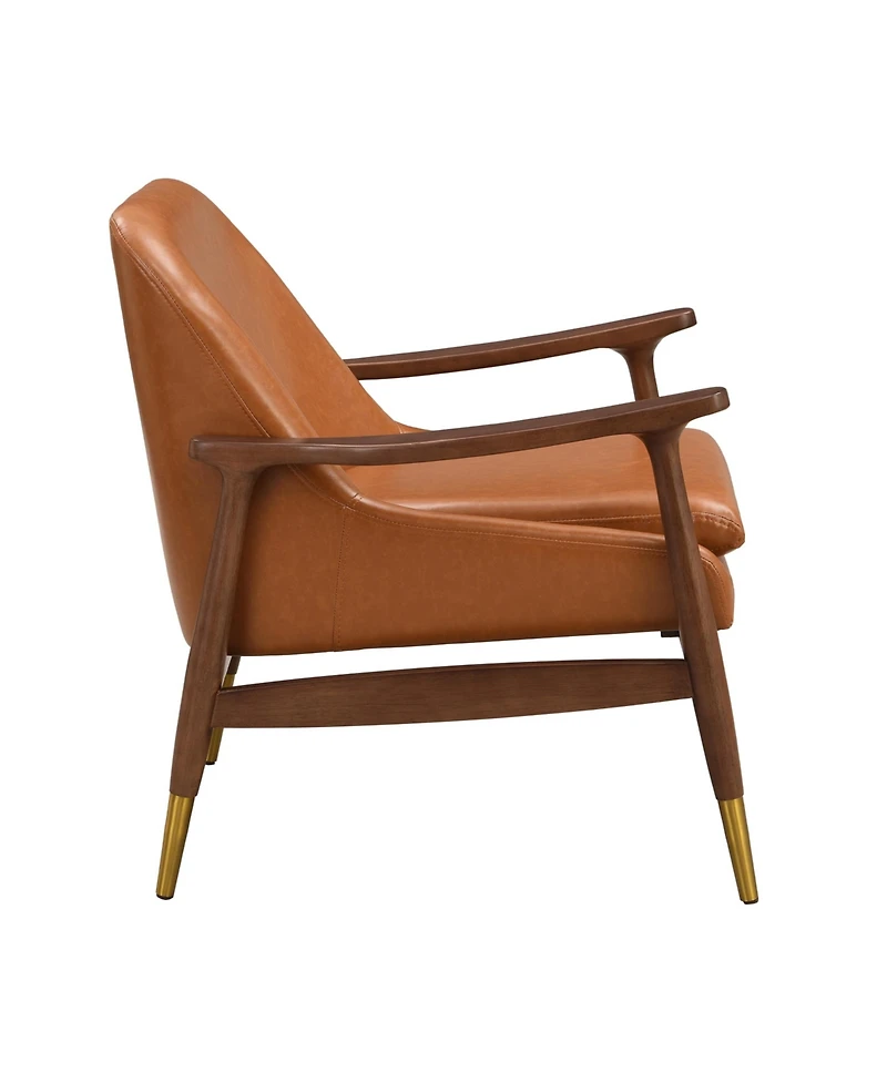 Lovmor 9.2'' Mid-Century Faux Leather Accent Chair with Cushioned Seat, Solid Wood Frame, and Brass-Tipped Legs，Brown