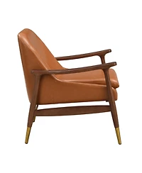 Lovmor 9.2'' Mid-Century Faux Leather Accent Chair with Cushioned Seat, Solid Wood Frame, and Brass-Tipped Legs，Brown