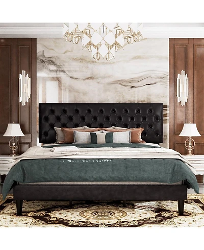 Upholstered Faux Leather Platform Bed – Tufted Headboard, Sturdy Slats, and Contemporary Low Profile Frame