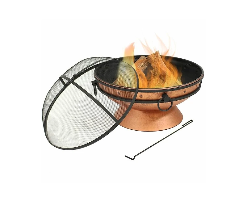 Outdoor Steel Fire Pit – Cauldron-Style Wood Burner with Safety Spark Screen and Stable Base