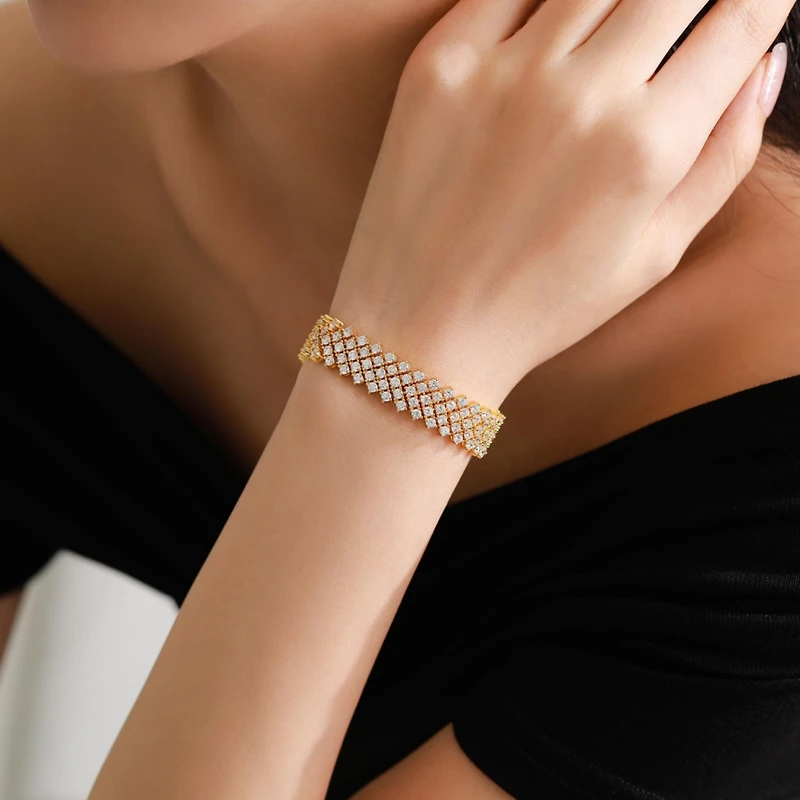 Sterling Silver 14K Gold Plated Clear Cubic Zirconia 4-Row Tennis Bracelet