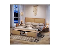 gaomon Natural Rattan Full Size Bed Frame with Sliding Barn Door Storage Cabinets and Headboard, Boho Farmhouse Wood Platform Bed with Solid Wood Legs