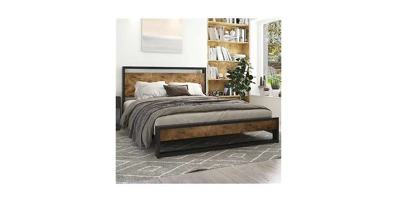 Modern Farmhouse Platform Bed Frame with Wood Panel Headboard Footboard