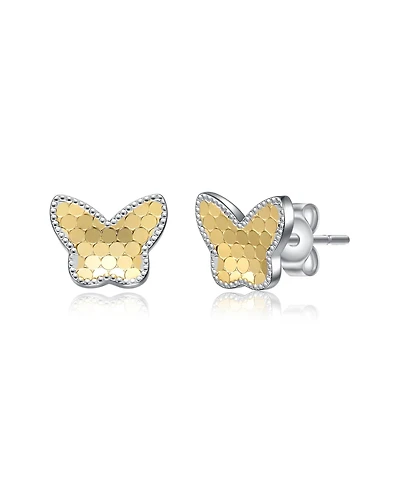 Two-Tone Milgrain Medallion Butterfly Stud Earrings in White Gold Plated or 14K Gold Plated