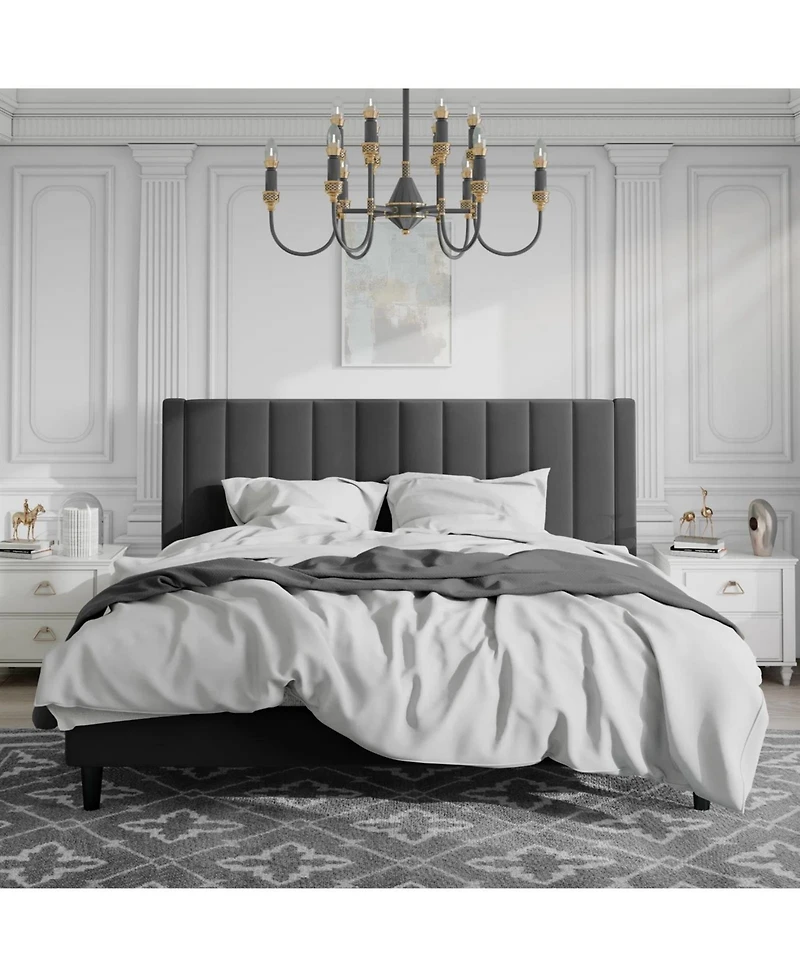 Velvet Upholstered Platform Bed Frame with Headboard – Modern Wood Slats, No Box Spring Needed