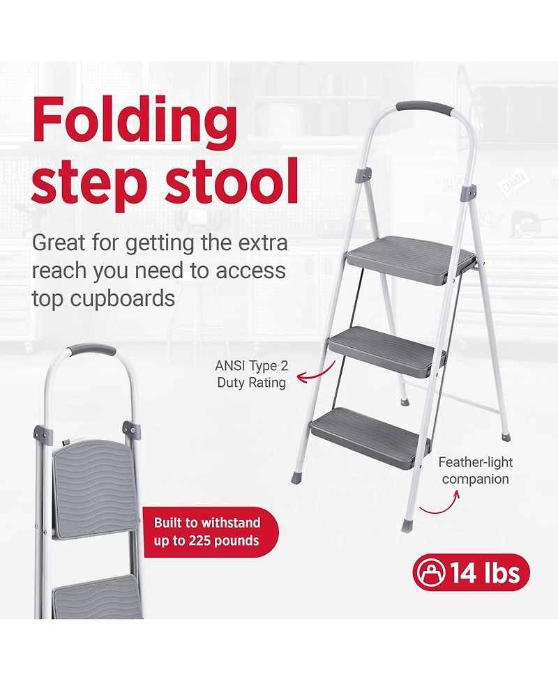 Rubbermaid 3 Step 225 Lb Capacity Folding Ladder Steel Step Stool with Hand Grip