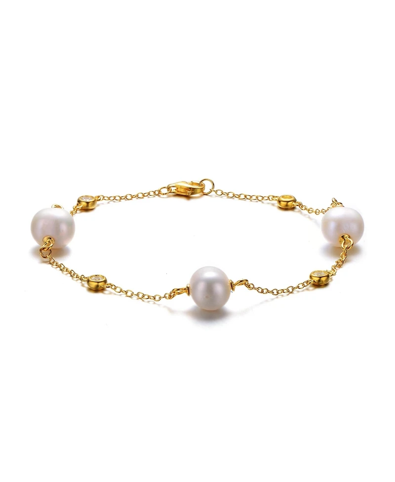 14k Yellow Gold Plated with Freshwater Pearl & Cubic Zirconia Bezel Station Bracelet