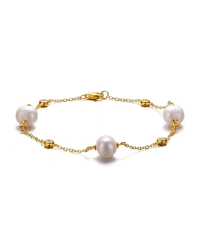 14k Yellow Gold Plated with Freshwater Pearl & Cubic Zirconia Bezel Station Bracelet