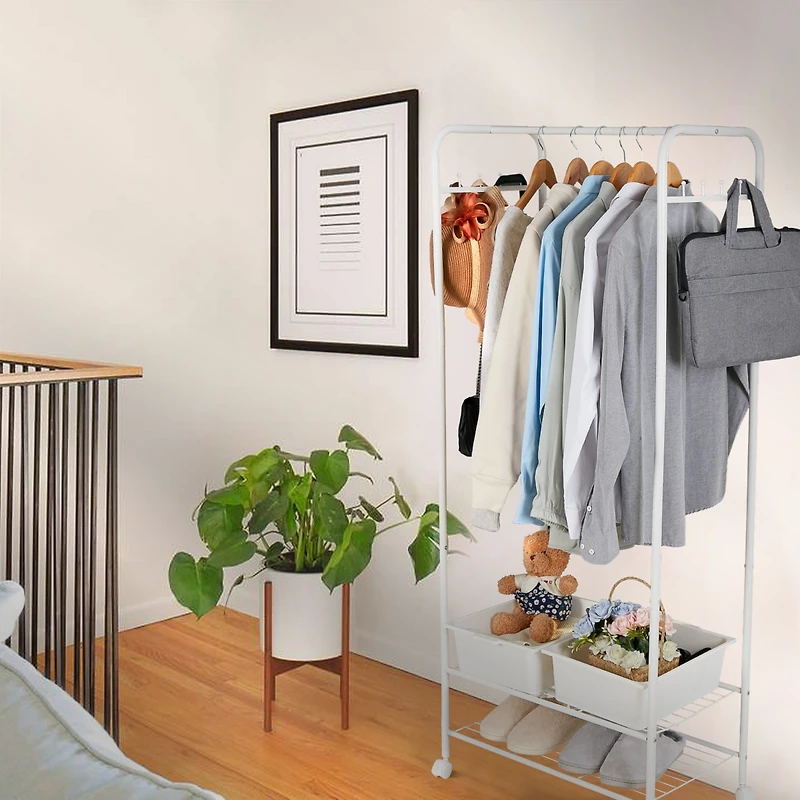 Unho Metal Clothes Rack with Wheels: Portable Garment Organizer with Storage Shelves