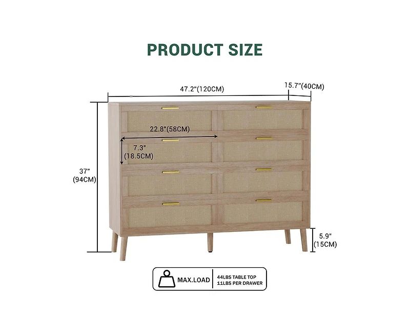gaomon 8 Drawer Rattan Dresser, 47.2" x 15.7" x 37" Rattan Chest of Dressers, Mid Century Modern Dresser for Closet with Handles, Large Table Top, Dre