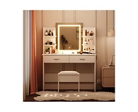 gaomon Vanity Desk with Mirror and Lights, Makeup Vanity Set w/Desk and Stool, Power Outlet, Makeup Vanity Desk with 6 Storage Shelves, 2 Large Drawer