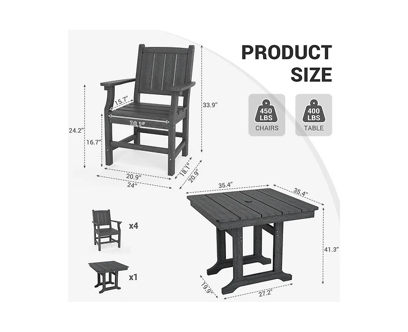 5-Piece Hdpe Plastic Patio Outdoor Dining Set with Arm Chairs in Black