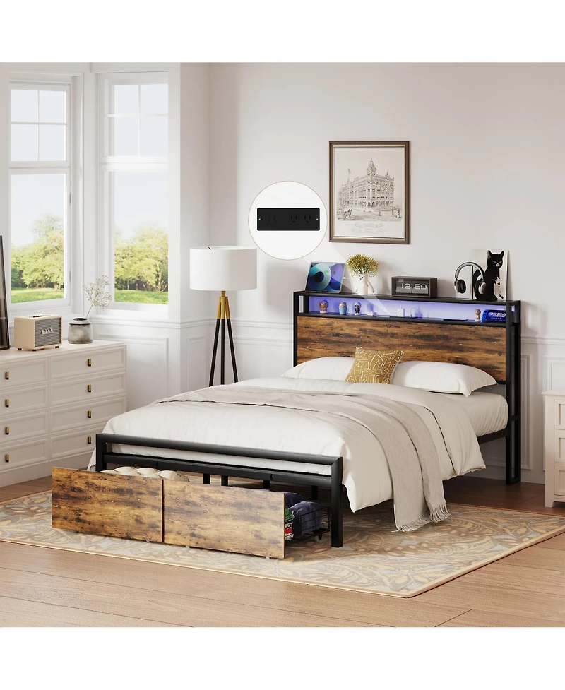 Metal Bed Frame with 2 Storage Drawers and Led Rgb Led light