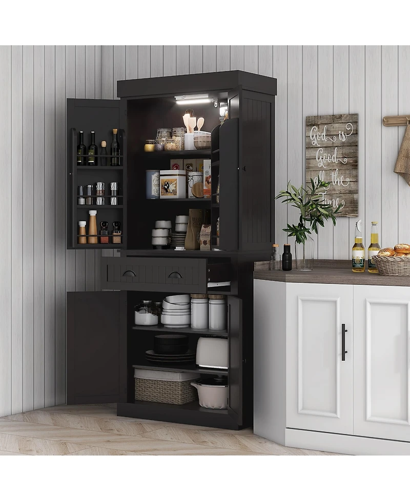 Homcom 71" Kitchen Pantry Cabinet with Large Storage and Led Lights,