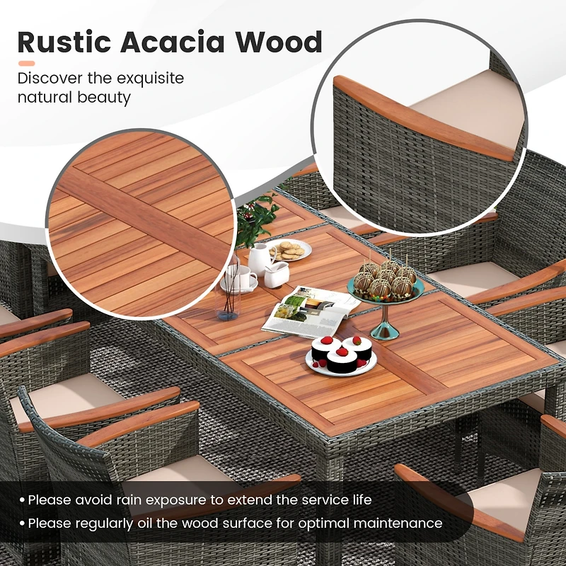 Gymax 9 Pcs Wicker Dining Set Patio Dining Furniture Set w/ Acacia Wood Table & 8 Armchairs