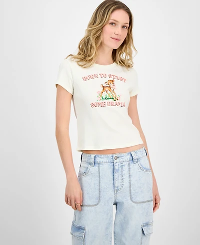 Rebellious One Juniors' Deer Drama Ribbed Knit T-Shirt