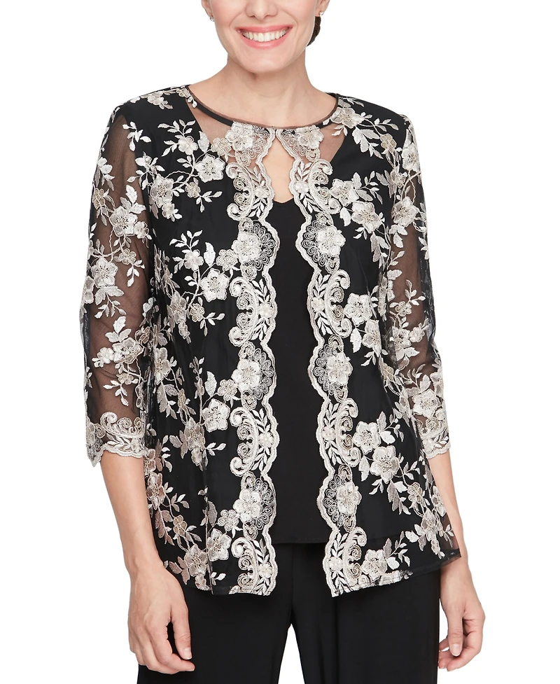 Alex Evenings Women's Lace 3/4-Sleeve Layered-Look Blouse