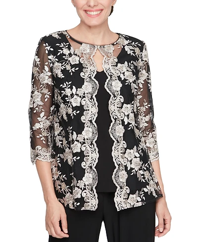 Alex Evenings Women's Lace 3/4-Sleeve Layered-Look Blouse