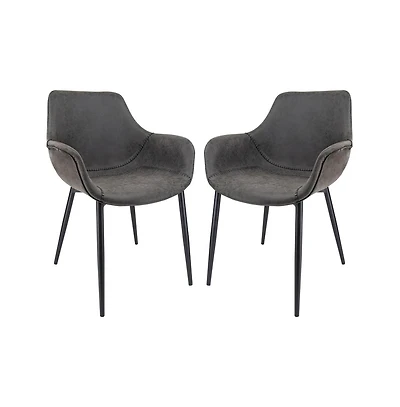 LeisureMod Markley Modern Leather Dining Arm Chair With Metal Legs Set of 2