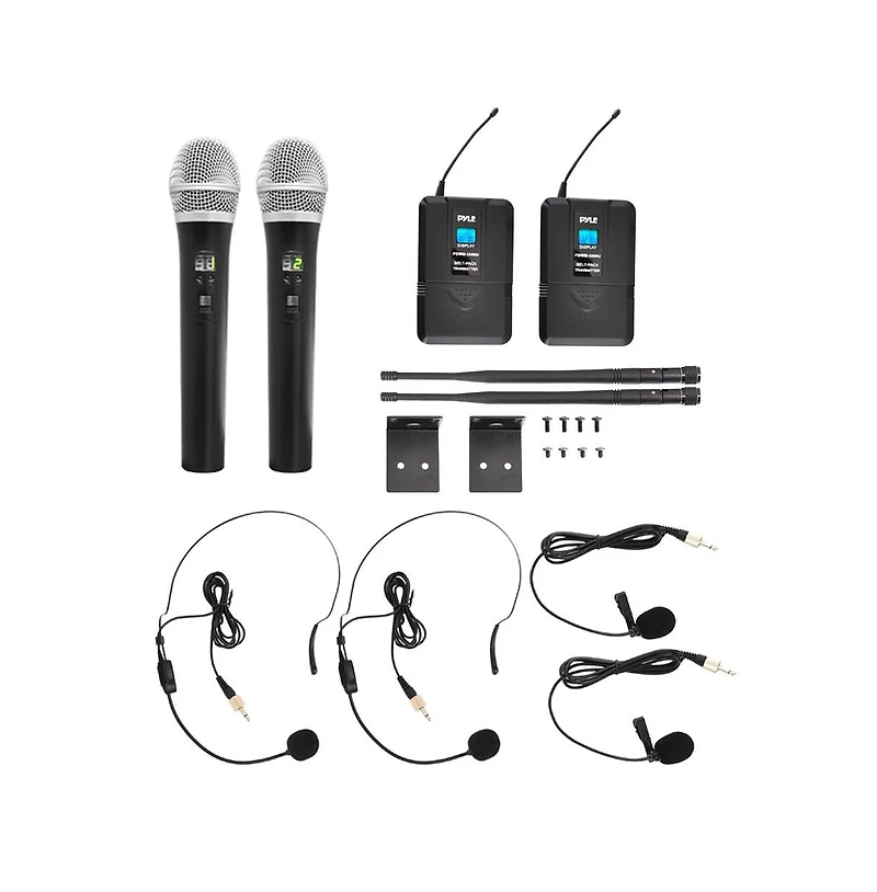 Pyle 4-Channel Uhf Wireless Microphone System Kit with (2) Handheld Mics, (2) Beltpack Transmitters, (2) Lavalier Mics & (2) Headset Mics
