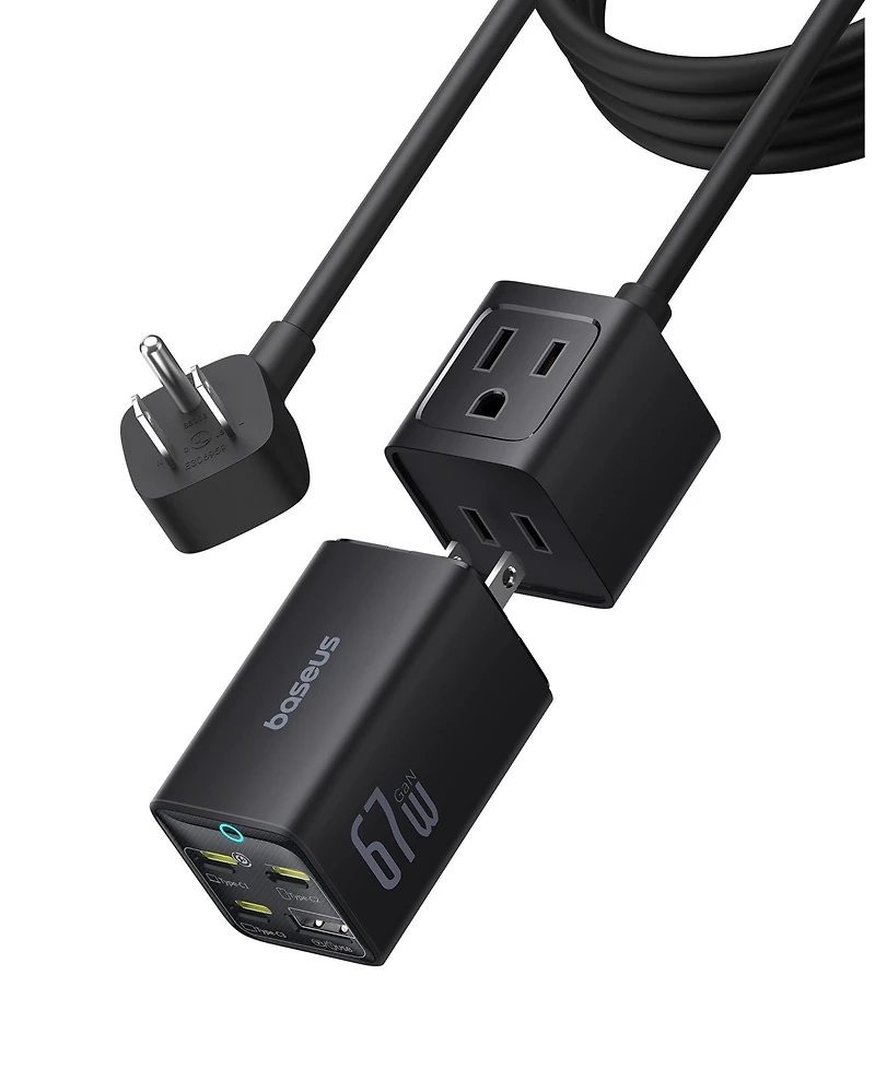Baseus PowerCombo Mini Power Strip 5 in 1 Charging Station 67W Usb C Fast Charger,5ft Flat Extension Cord with 2 Ac Outlets