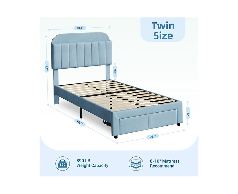 gaomon Twin Bed Frame with Drawer, Velvet Upholstered Platform Bed Frame with Storage Headboard, No Box Spring Needed, Easy Assembly, Noise-Free