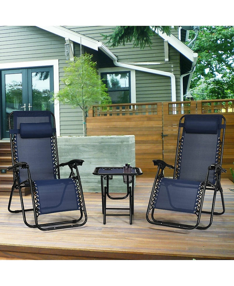 Gymax 3PCS Zero Gravity Recliner Lounge Chairs Pillows Table Portable Folding Navy