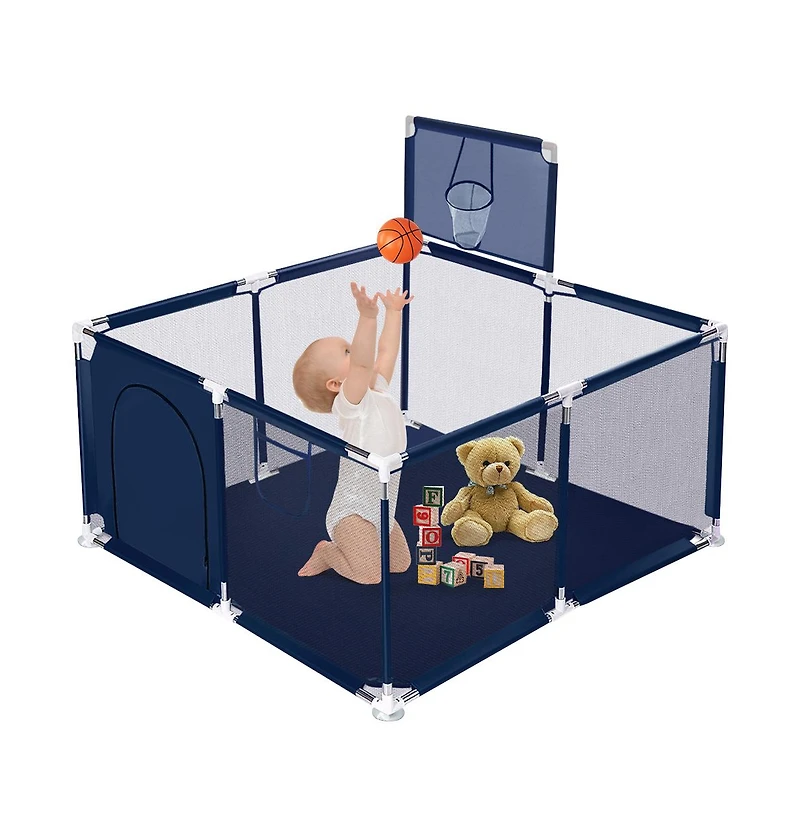 Comomy Baby Playpen Outdoor Indoor Play Yard 7 Panel Baby Safety Playpen for Infant Toddler with Basketball Hoop