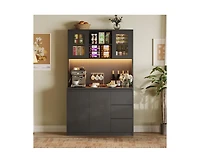 gaomon Kitchen Pantry Cabinet with Charging Station, Tall Storage Cabinet with Countertop and Led Lights