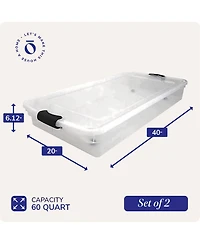 Homz 60 Quart Underbed Storage Container Bins with Latching Lid, Clear (2 Pack)