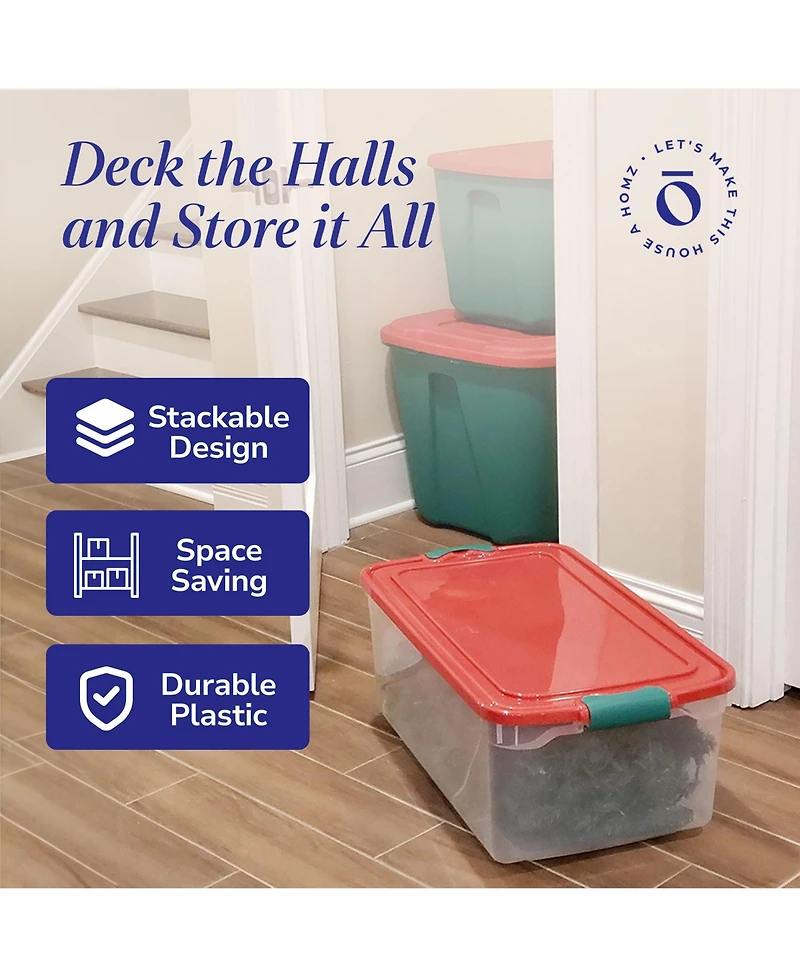 Homz 64 Qt Holiday Seasonal Decor Plastic Storage Bin with Latching Lid, 6 Pack