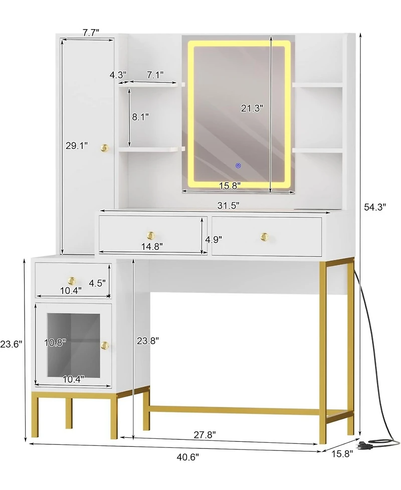 gaomon Wpond Vanity Desk, Makeup Vanity with Led Mirror& Charging Station, Dressing Table
