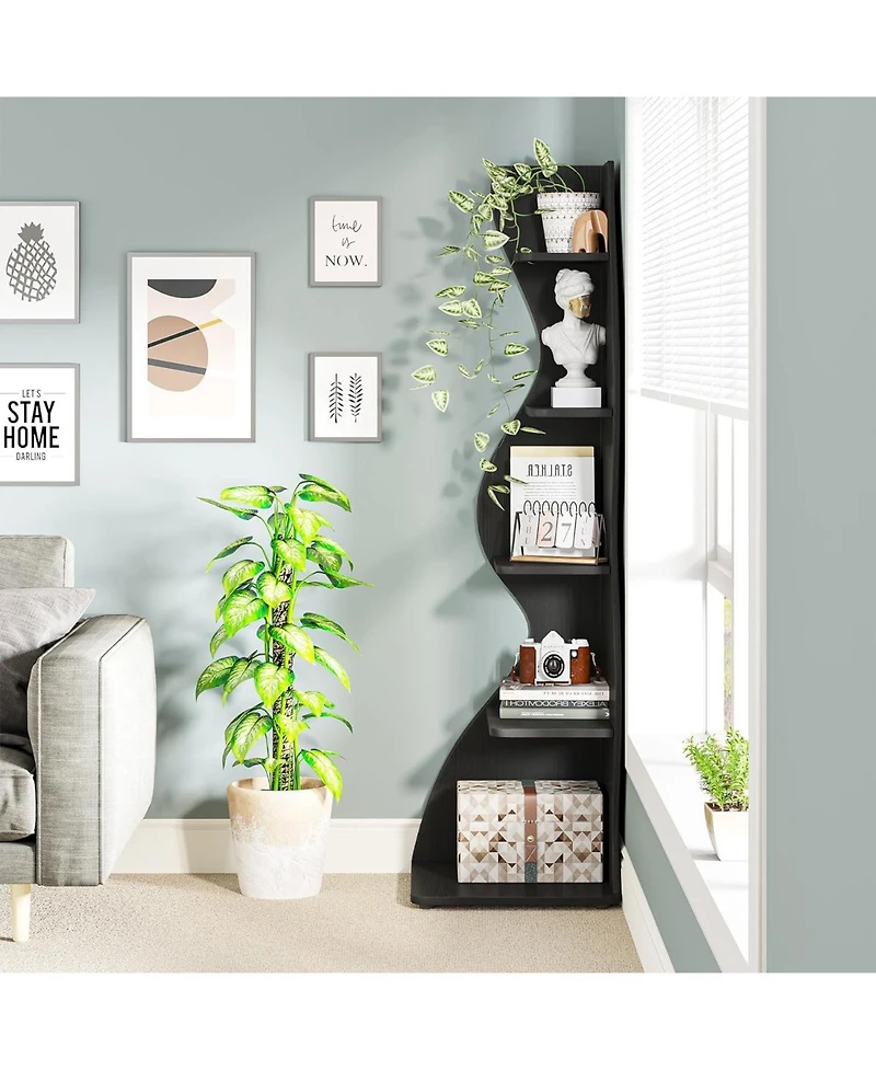 Tribesigns Corner Shelf, Modern 5-Tier Wall Bookshelf, Stylish Small Bookcase Storage Rack Plant Stand with Unique Shape for Living Room